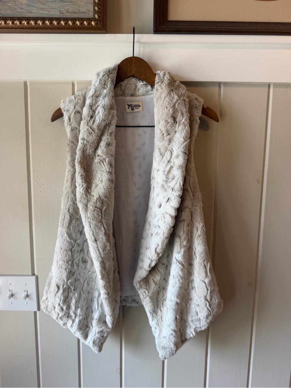 Show Me Your MuMu Light Gray Animal Print Faux Fur Draped Vest, Size Small